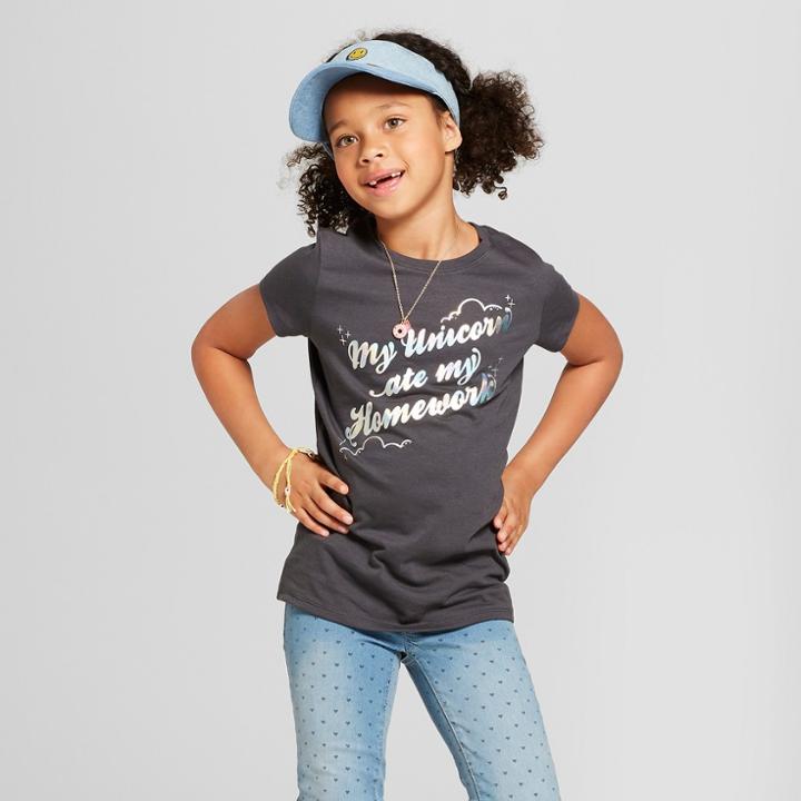 Girls' Short Sleeve Unicorn Ate My Homework Graphic T-shirt - Cat & Jack Gray