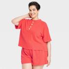 Women's Plus Size Short Sleeve French Terry Henley Shirt - Universal Thread Coral Orange