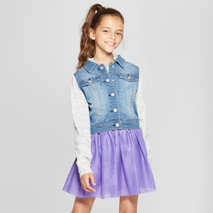 Girls' French Terry Long Sleeve Hoodie Denim Jacket - Cat & Jack Medium Blue S, Girl's,