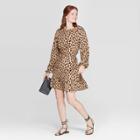 Women's Animal Print Long Sleeve Scoop Neck Mini Crepe Dress - A New Day Brown