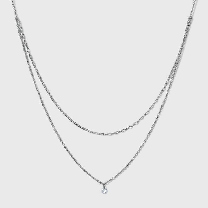Silver Plated Paperlink Chain And Pierced Cubic Zirconia Necklace Set - A New Day