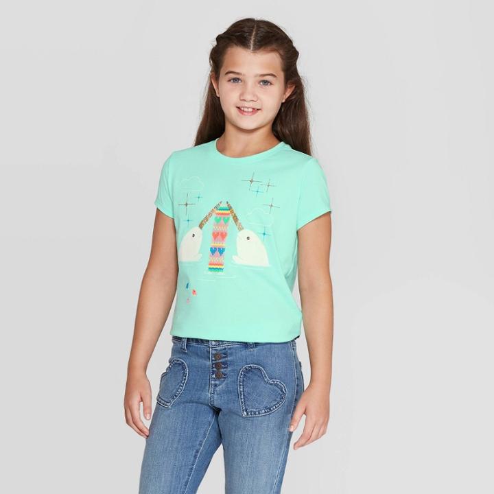 Petitegirls' Short Sleeve Knitting Narwhal Graphic T-shirt - Cat & Jack Mint Xs, Girl's, Green