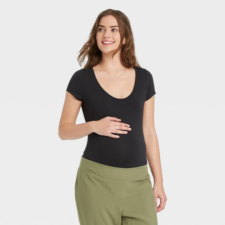 The Nines By Hatch Maternity Cap Sleeve U-neck Bodysuit Black