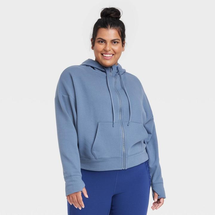 Women's Plus Size Ribbed Fleece Cropped Hooded Sweatshirt - All In Motion Navy Blue