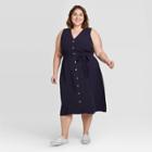 Women's Plus Size Sleeveless V-neck Button-front Dress - Ava & Viv Navy X, Women's, Blue