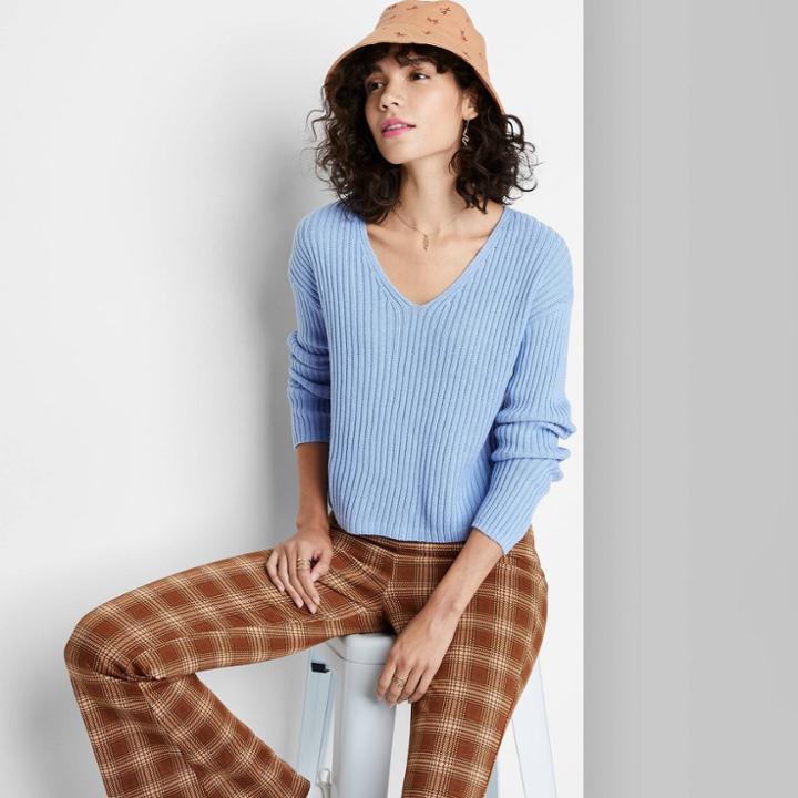 Women's V-neck Ribbed Pullover Sweater - Wild Fable Azure