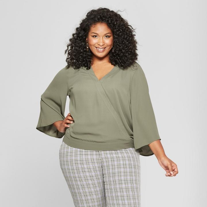 Women's Plus Size Wrap Front Short Sleeve Top - Ava & Viv Olive (green)
