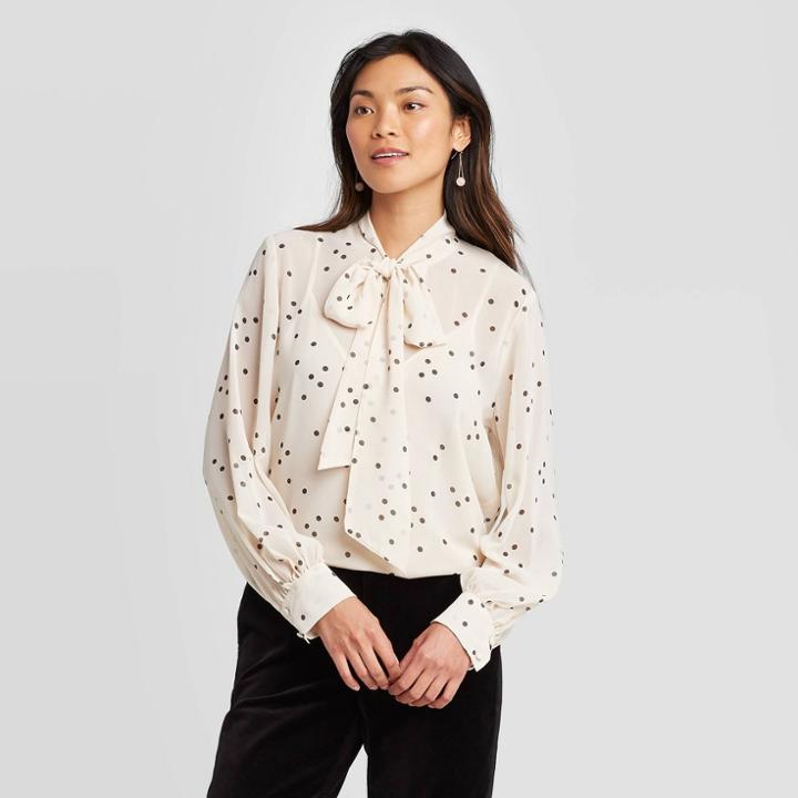 Women's Polka Dot Long Sleeve V-neck Front Tie Top - A New Day Black Xs, Women's, Beige