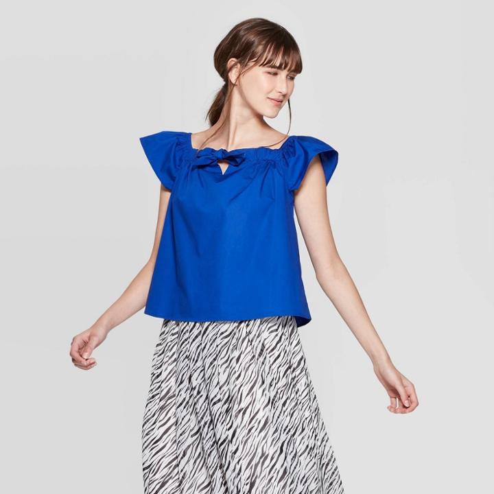 Women's Short Sleeve Off The Shoulder Cropped Bardot Top - Who What Wear Blue