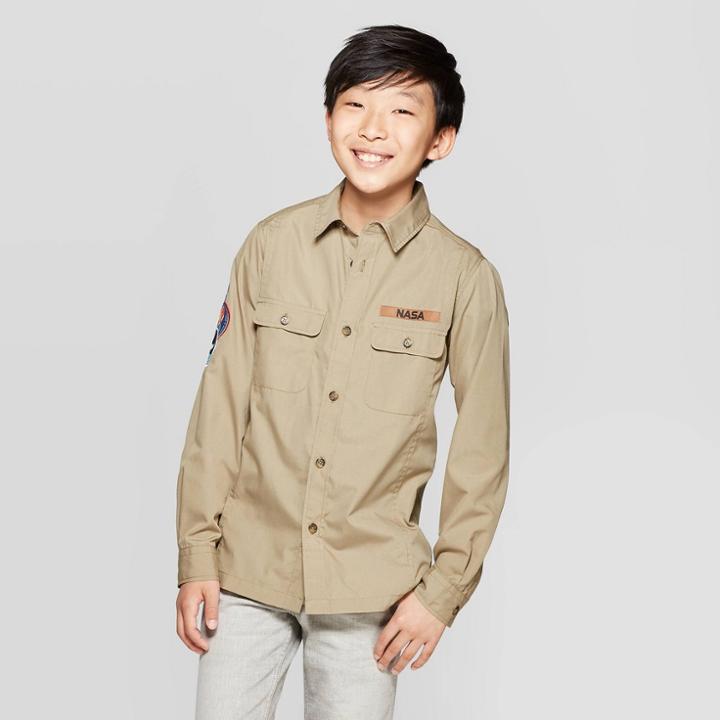 Boys' Nasa Long Sleeve Woven Button-down Shirt - Beige