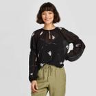 Women's Floral Print Long Sleeve Round Neck Smocked Accent Blouse - A New Day Black