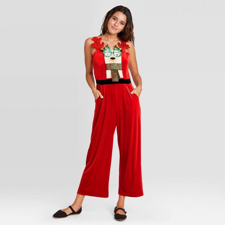 Born Famous Women's Ugly Holiday Llama Velour Sleeveless Graphic Jumpsuit - Red