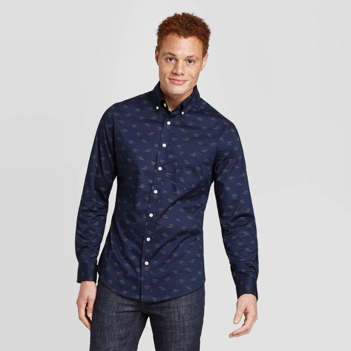 Men's Animal Print Slim Fit Stretch Performance Long Sleeve Button-down Shirt - Goodfellow & Co Xavier Navy