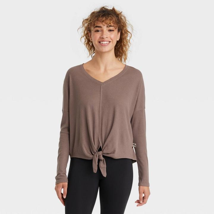 Women's Waffle Tie-front Long Sleeve Top - Joylab Pewter