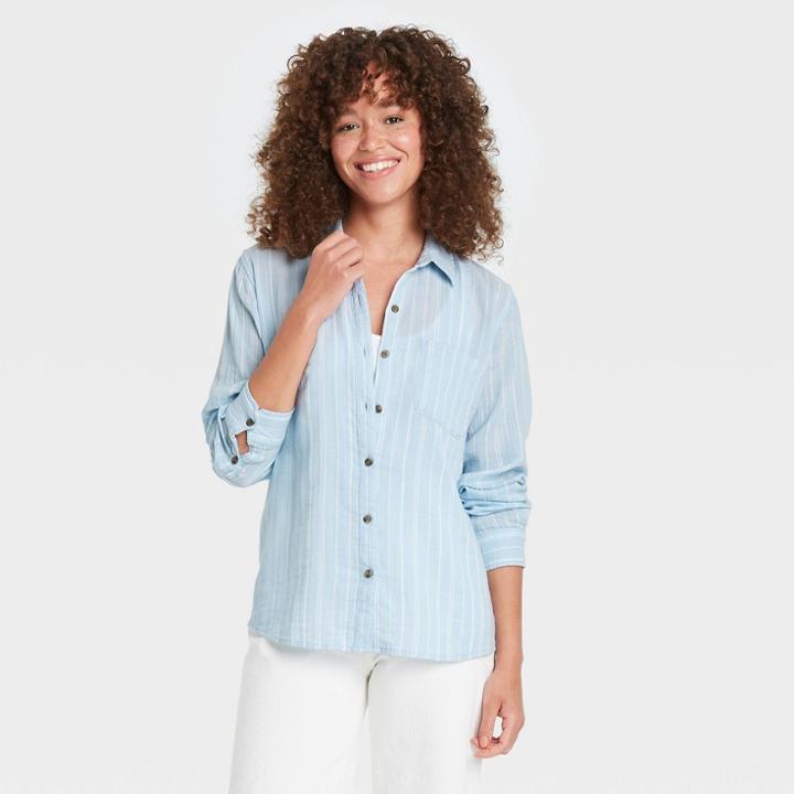 Women's Long Sleeve Gauze Button-down Shirt - Universal Thread Light Blue