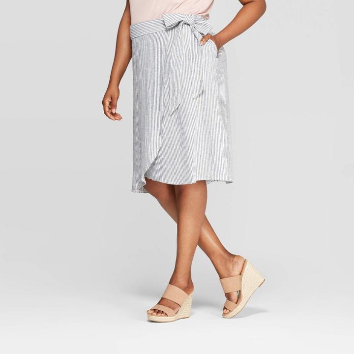 Women's Plus Size Striped Linen Tie Waist Skirt - Ava & Viv Blue