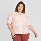 Women's Plus Size Floral Print Short Sleeve V-neck Tie-dye Button Front Tie Blouse - Ava & Viv Pink X, Women's