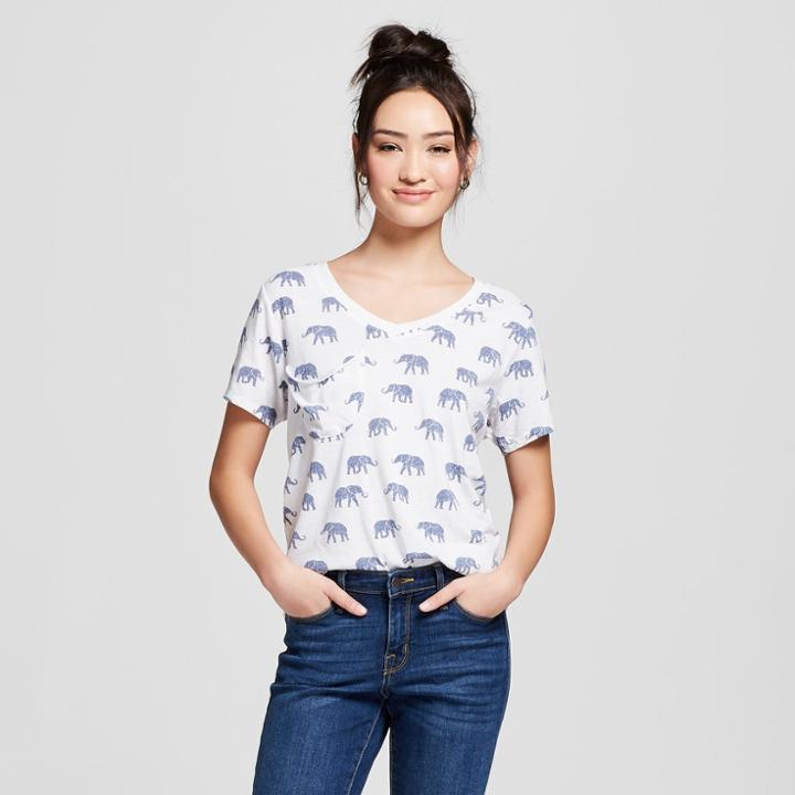 Women's Elephant Printed Short Sleeve Drapey Pocket T-shirt - Grayson Threads (juniors') - White