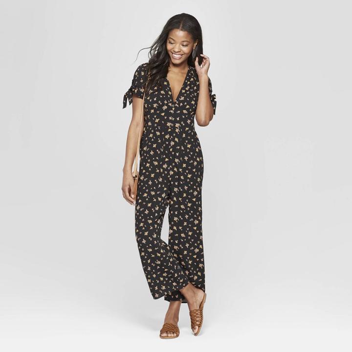 Women's Floral Print Short Sleeve Button Front Jumpsuit - Xhilaration Black