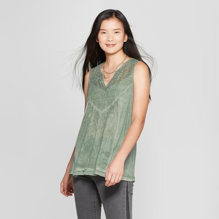 Women's Floral Print Lace Knit To Woven Oil Wash Tank - Knox Rose