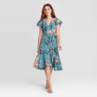 Women's Floral Print Ruffle Short Sleeve Wrap Dress - A New Day Blue