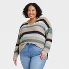 Women's Plus Size V-neck Pullover Sweater - Knox Rose Light Green Multi