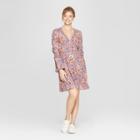 Women's Floral Print Long Sleeve Button Front Dress - Xhilaration Dusty Lavender (purple)/peach