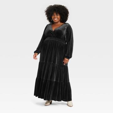 Women's Plus Size Long Sleeve Velvet A-line Dress - Knox Rose Black