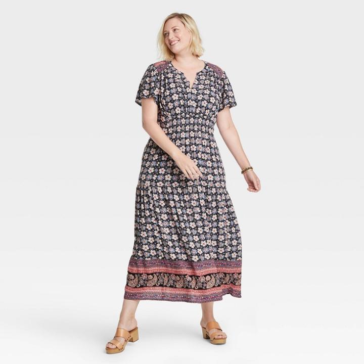 Women's Plus Size Flutter Short Sleeve Smocked Dress - Knox Rose Black Floral
