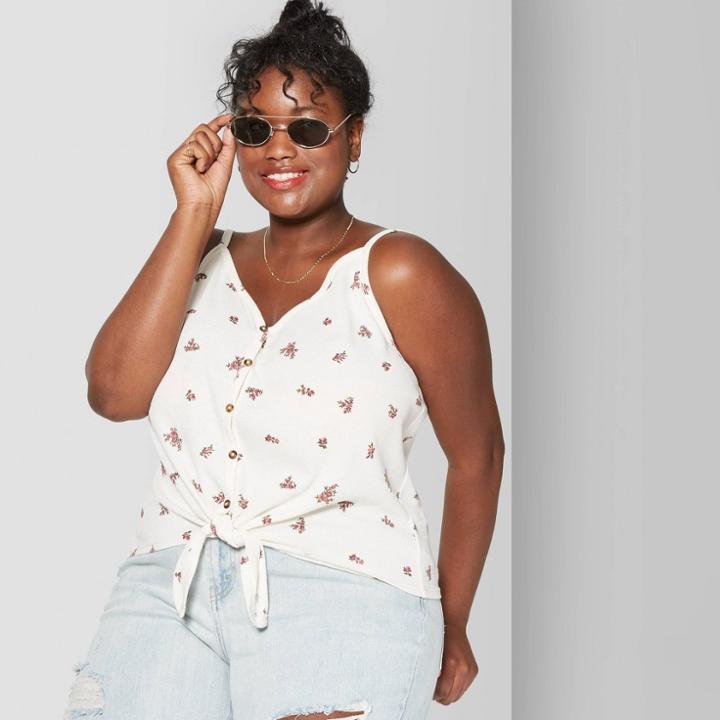 Target Women's Plus Size Floral Print V-neck Pointelle Tank Top - Wild Fable Ivory