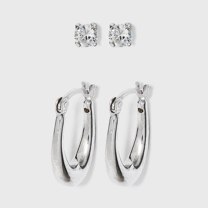 Sterling Silver Cubic Zirconia Oval Tapered Hoop Earring Set 2pc - A New Day