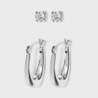 Sterling Silver Cubic Zirconia Oval Tapered Hoop Earring Set 2pc - A New Day