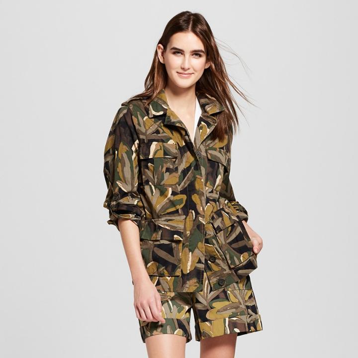 Women's Leaf Print Long Sleeve Military Jacket - Who What Wear Green/brown