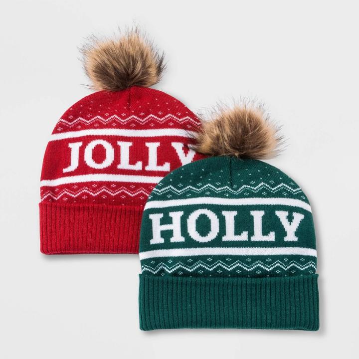 Mighty Fine Adult Holly And Jolly Christmas Pom Beanie 2pc Set - Red/green