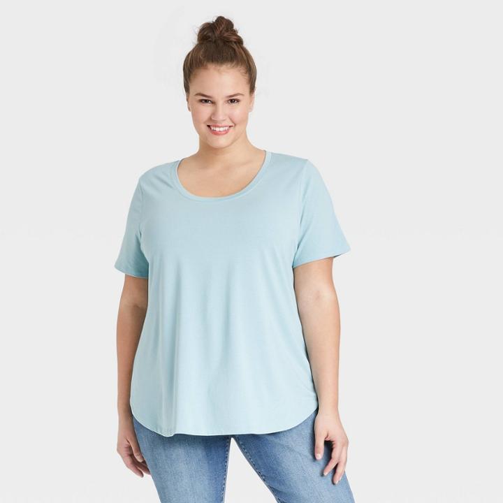 Women's Plus Size Short Sleeve Essential Relaxed Scoop Neck T-shirt - Ava & Viv Blue