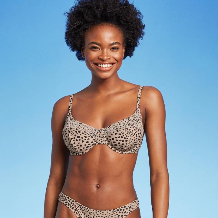 Juniors' Smocked Underwire Bikini Top - Xhilaration Tan Animal Print D/dd Cup