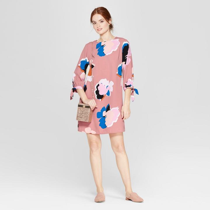 Women's Floral Print Long Sleeve Crepe Dress - A New Day Pink