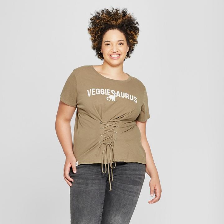 Women's Jurassic Park Plus Size Vegansaurus Short Sleeve Tie Font Lace-up Graphic T-shirt (juniors') Olive Green