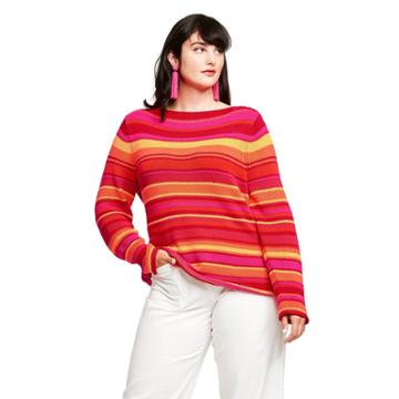 Women's Plus Size Striped Long Sleeve Boat Neck Pullover Sweater - Isaac Mizrahi For Target Pink/orange 2x, Women's, Size: 2xl,