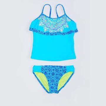 Breaking Waves Girls' Flounce And Side Tab Tankini Set - Turquoise
