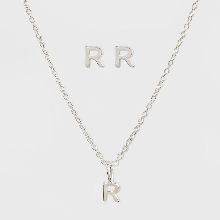 Sterling Silver Initial R Earrings And Necklace Set - A New Day Silver, Girl's,