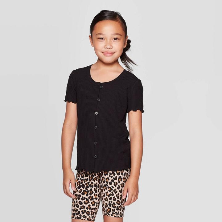 Girls' Button Front Lettuce Edge Top - Art Class Black