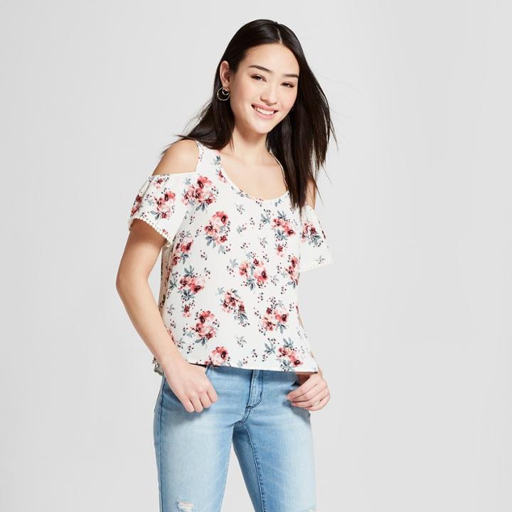 Women's Floral Print Short Sleeve Cold Shoulder Top - Lily Star (juniors') Cream