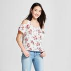 Women's Floral Print Short Sleeve Cold Shoulder Top - Lily Star (juniors') Cream
