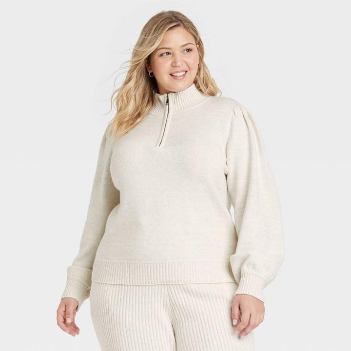 Women's Plus Size Quarter Zip Mock Turtleneck Pullover Sweater - Universal Thread Cream