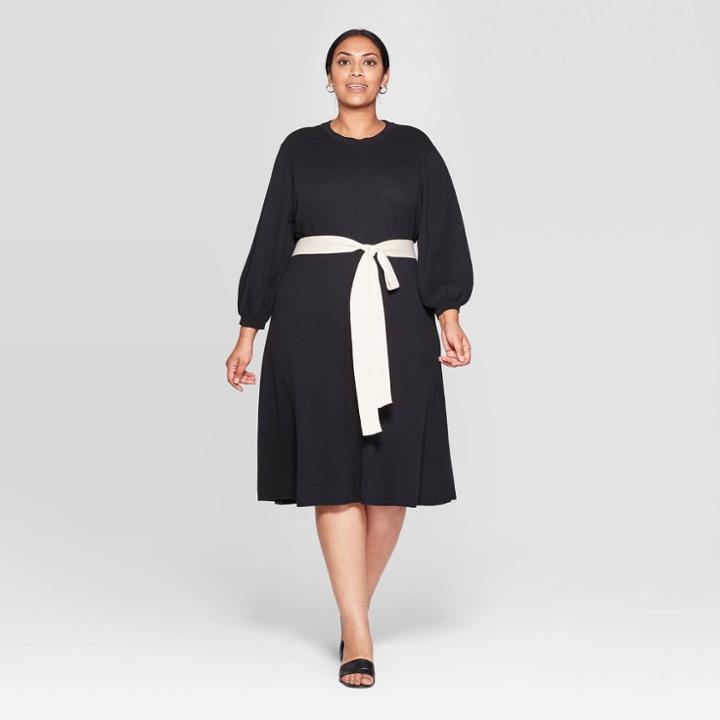 Women's Plus Size 3/4 Sleeve Mock Turtleneck Intarsia Sweater Midi Dress - Who What Wear Black 1x, Women's,
