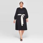Women's Plus Size 3/4 Sleeve Mock Turtleneck Intarsia Sweater Midi Dress - Who What Wear Black 1x, Women's,