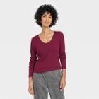 Women's Long Sleeve Ribbed Scoop Neck T-shirt - A New Day Burgundy