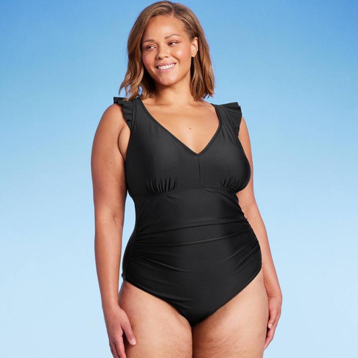 Kona Sol Women's Ruffle Shoulder Ruched High Coverage One Piece Swimsuit - Kona