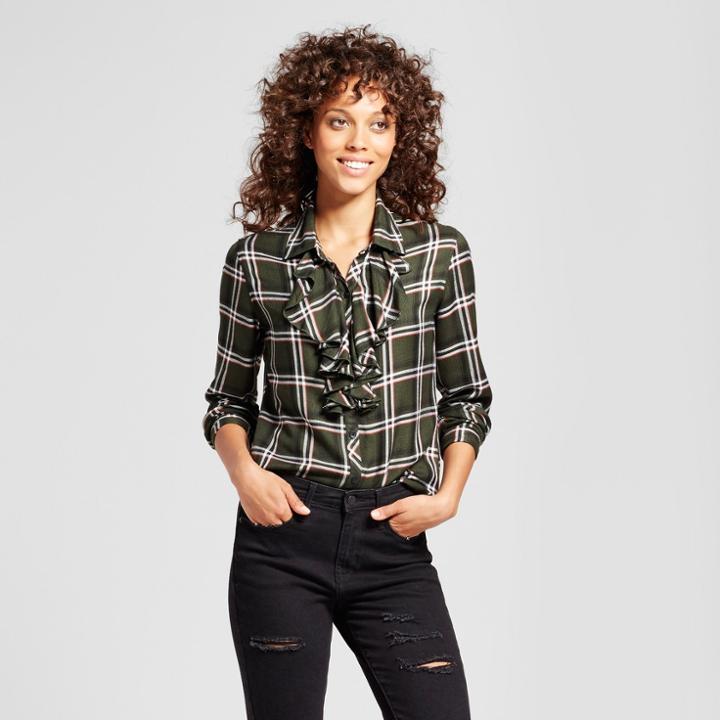 Women's Plaid Ruffle Front Button-up Top - Alison Andrews Olive/black L,